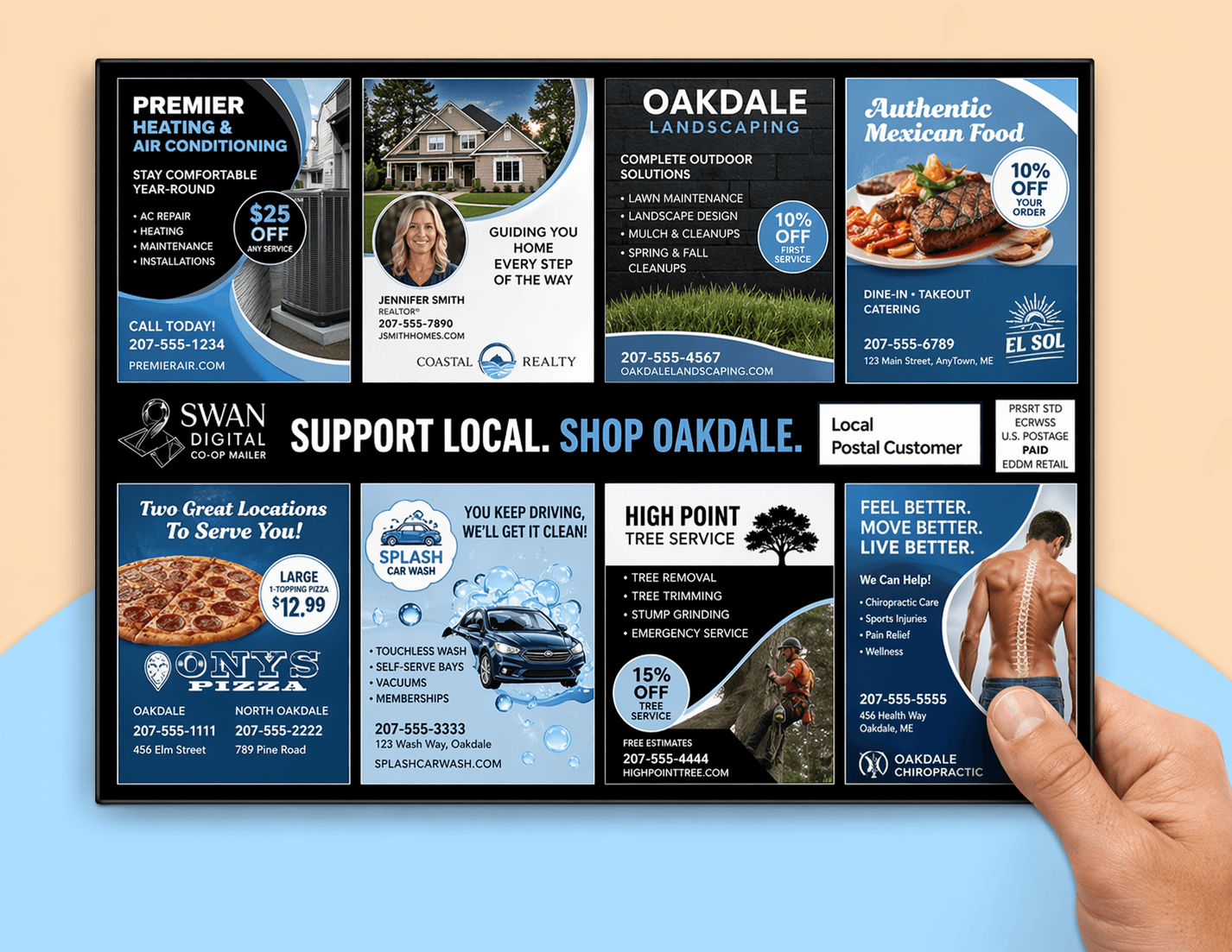 Swan Digital co-op mailer postcard held in hand with local business ad panels