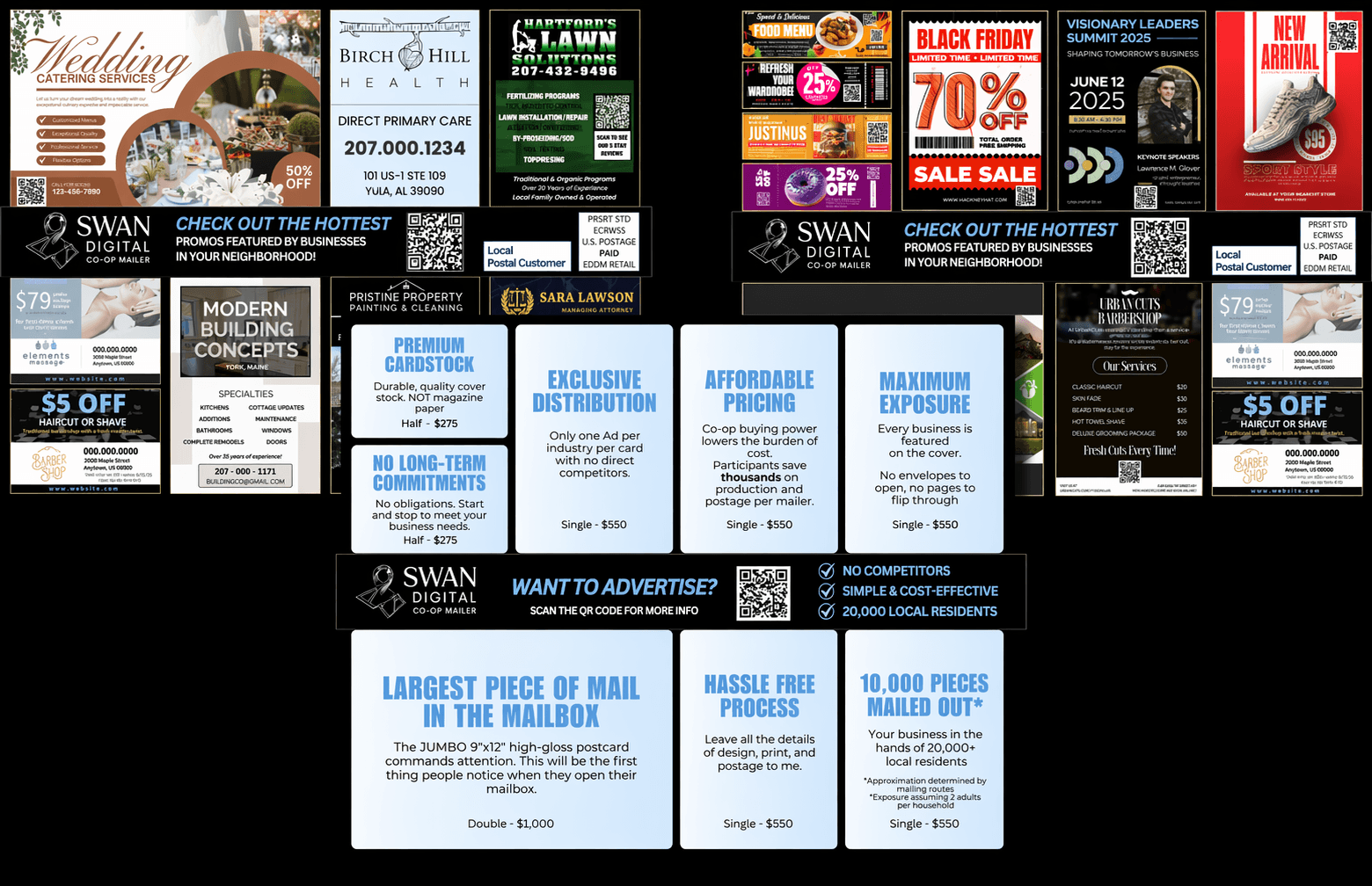 Front and back postcard program layouts with advertiser panels